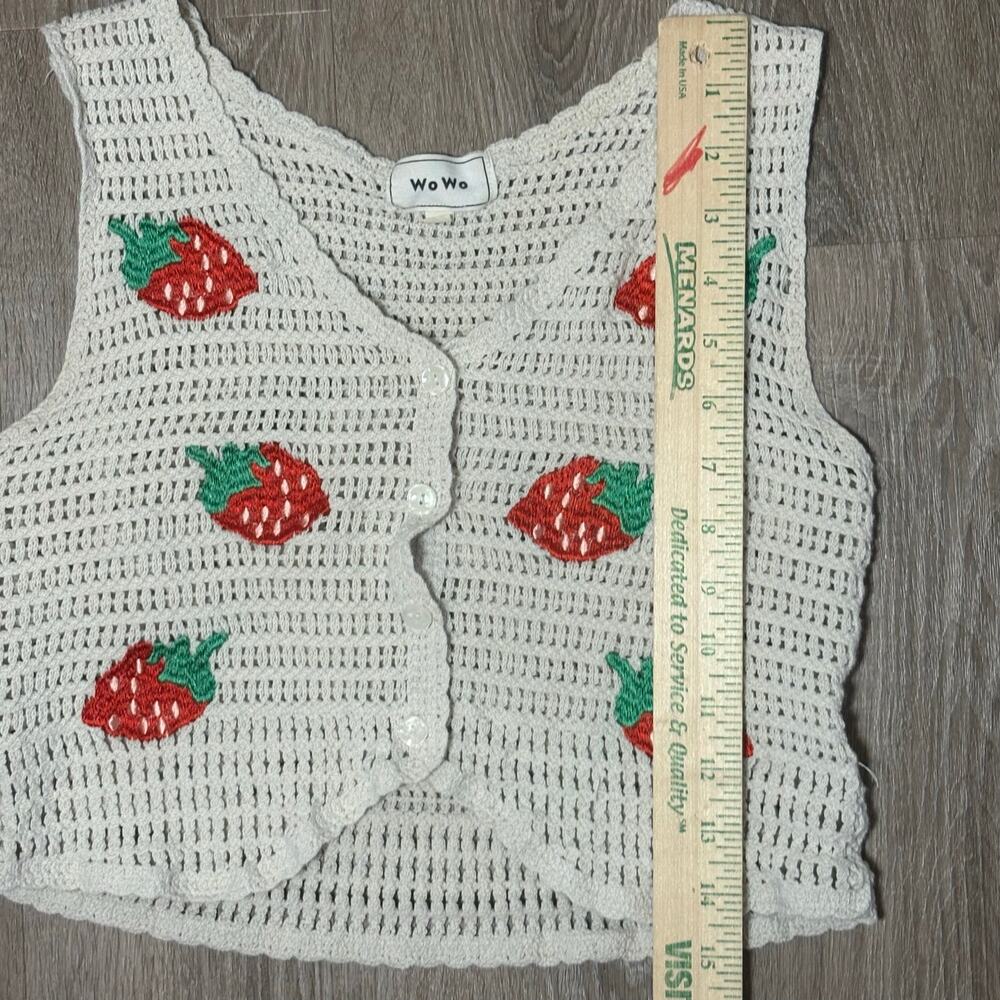 WoWo Strawberry Crochet Cardigan Vest Size Small 100% Cotton Button Front Boho - Picture 3 of 10
